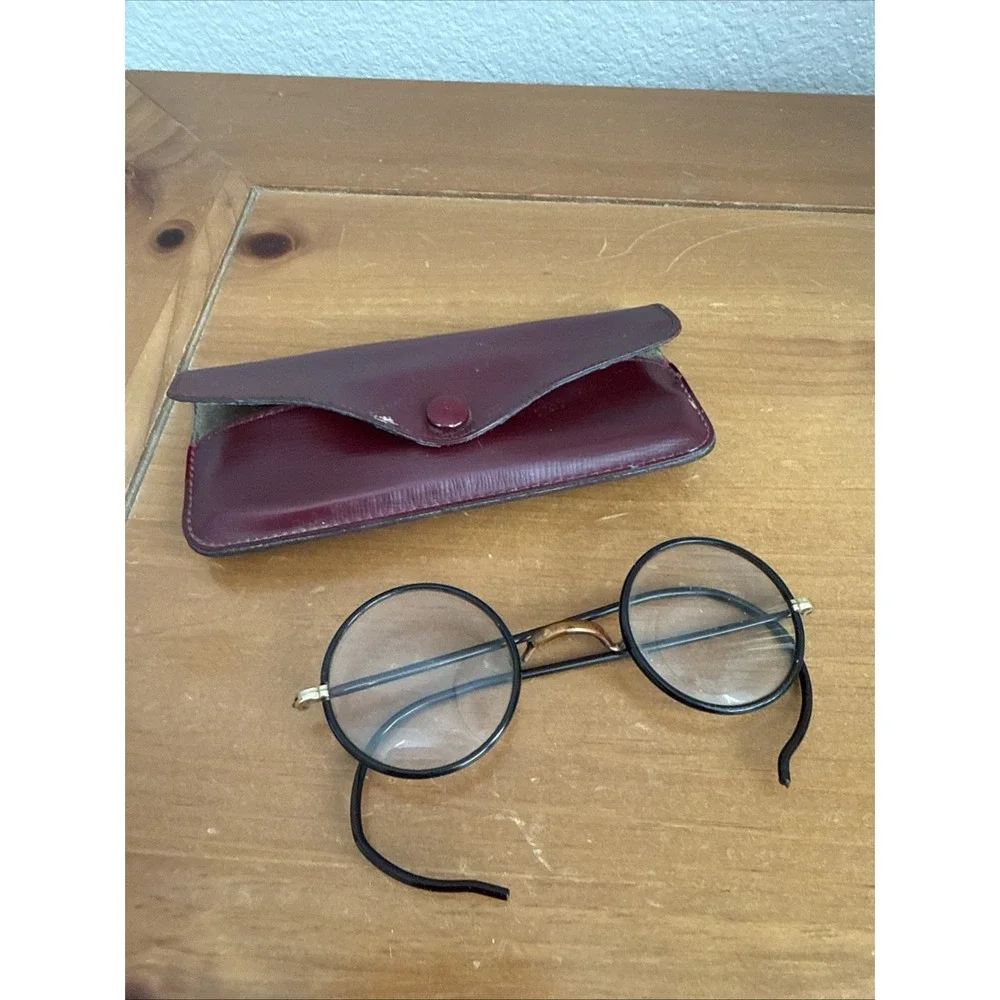 Antique Windsor Style Eyeglasses Black Metal Frame Gold Tone Hinges With Case